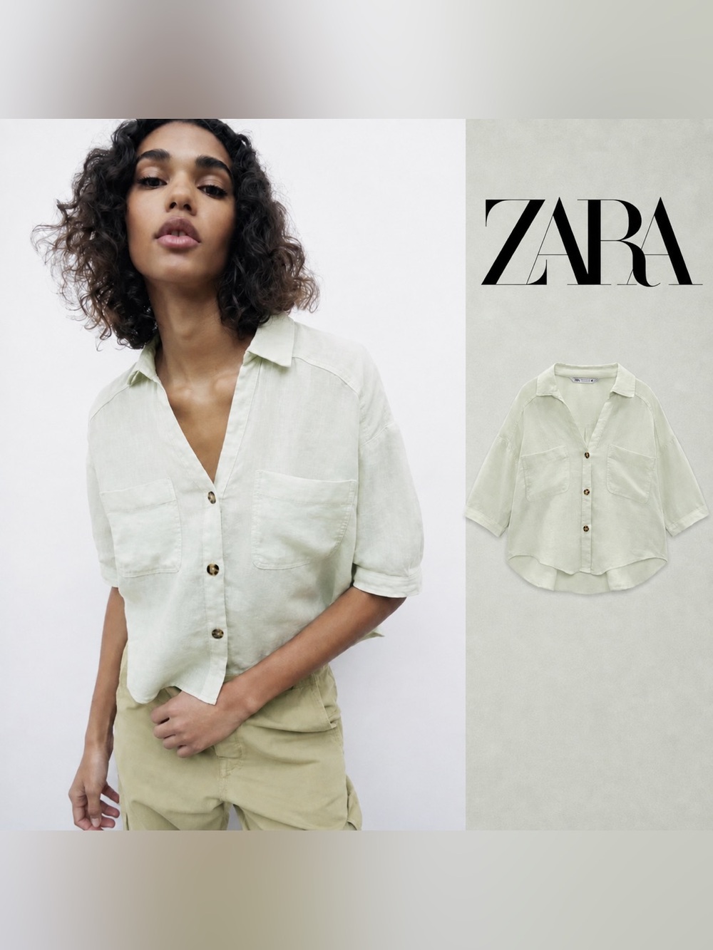 Zara 100% Linen Pale Sage Utility Shirt Size S